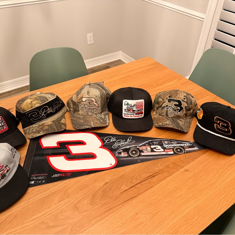 Vintage Dale Earnhardt Racing Caps Collection with pennant